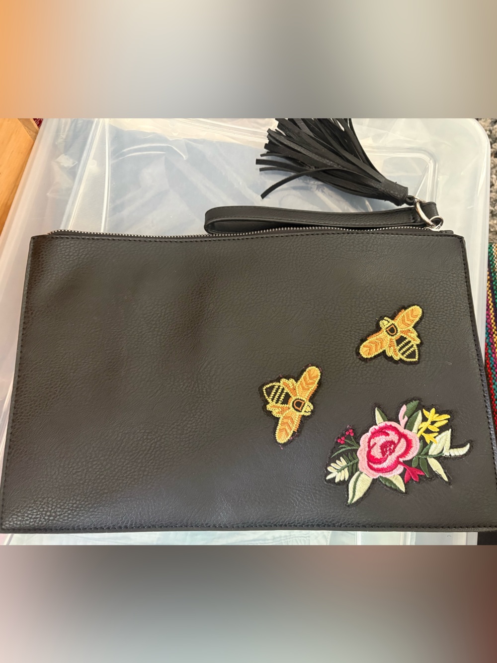 Black Embroidered Bee & Floral Leather Wristlet Clutch With Leather Tassel